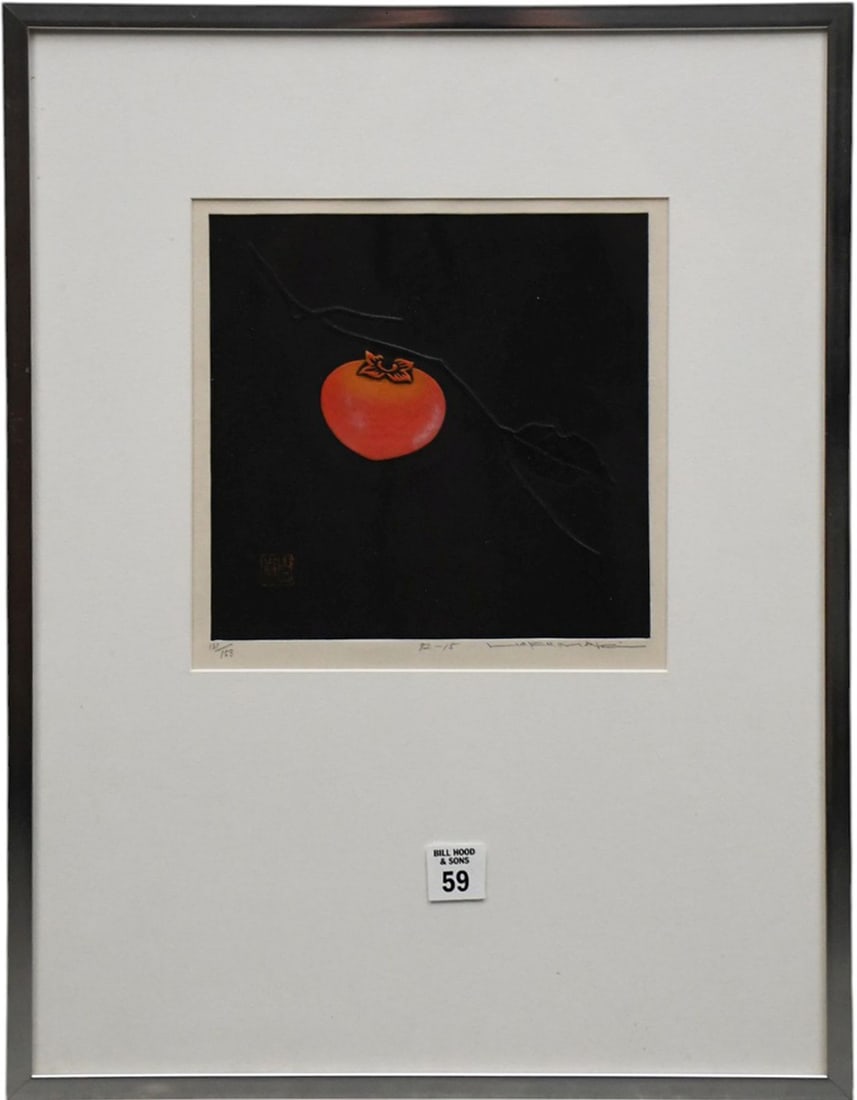 Japanese Woodblock, Haku Maki (1924-2000). titled "Persimmon" (or Kaki). features a deeply embossed: Japanese Woodblock, Haku Maki (1924-2000). titled "Persimmon" (or Kaki). features a deeply embossed orange persimmon fruit set against a textured black background,Image size 8 1/2 x 8 1/2 inches. edit