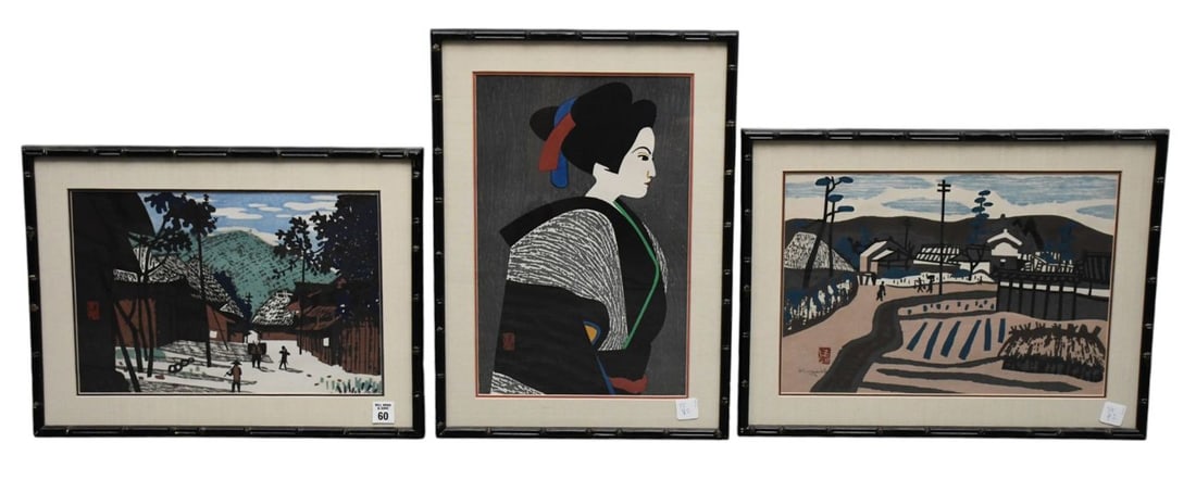 Three pieces by Artist: Kiyoshi Saito (1907?1997) "Bunraku - Maiko" woodblock print was a prominent: Three pieces by Artist: Kiyoshi Saito (1907?1997) "Bunraku - Maiko" woodblock print was a prominent figure in the Sosaku Hanga ("creative prints") movement.The artwork features Saito's signature graph