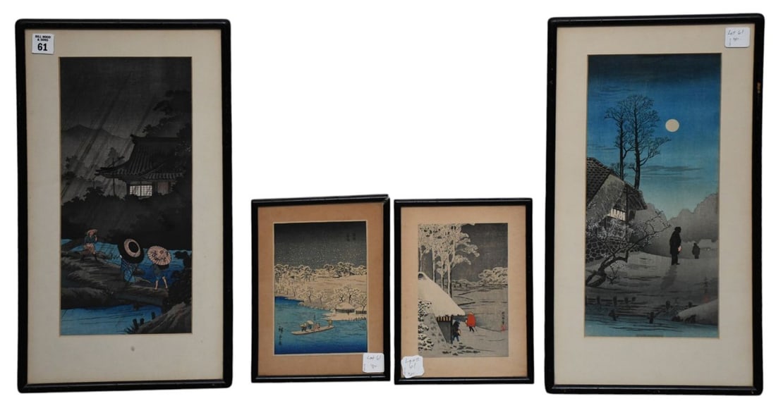4pcs. Japanese woodblock prints by artist Takahashi Shotei (Hiroaki). one titled "Shower at: 4pcs. Japanese woodblock prints by artist Takahashi Shotei (Hiroaki). one titled "Shower at Terashima" originally published in the 1920s or 1930s. depicts three figures crossing a small bridge during 