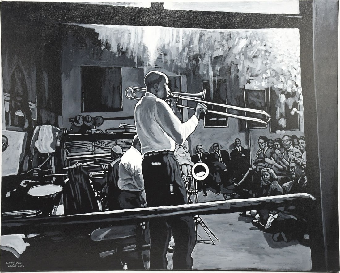 Tommy Yow (New Orleans, 20/21st Century) Oil on canvas, Trombone Jim Robinson at presentation Hall: Tommy Yow (New Orleans, 20/21st Century) Oil on canvas, Trombone Jim Robinson at presentation Hall signed Tommy Yow front left and inscribed and signed on reverse, 24 x 30 inches.