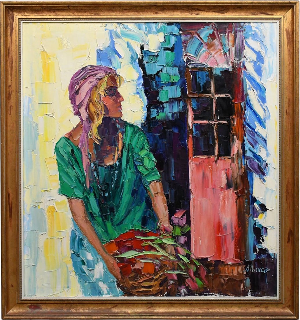 D'Amico, oil on canvas, painting of a girl with basket signed lower right, Titled and signed on (1 of 6)