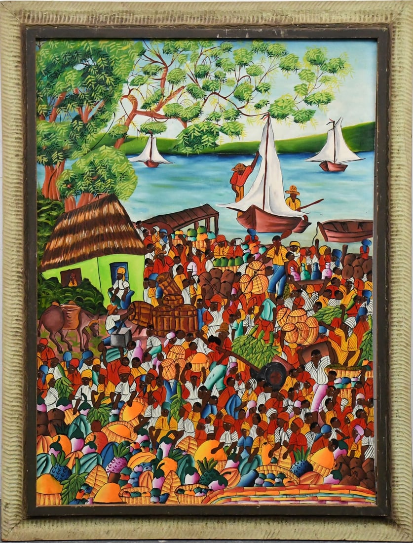 Haitian Village Painting by L Rosemont- 20th Century Haiti. Oil on canvas, overall framed 46 x 36 (1 of 6)