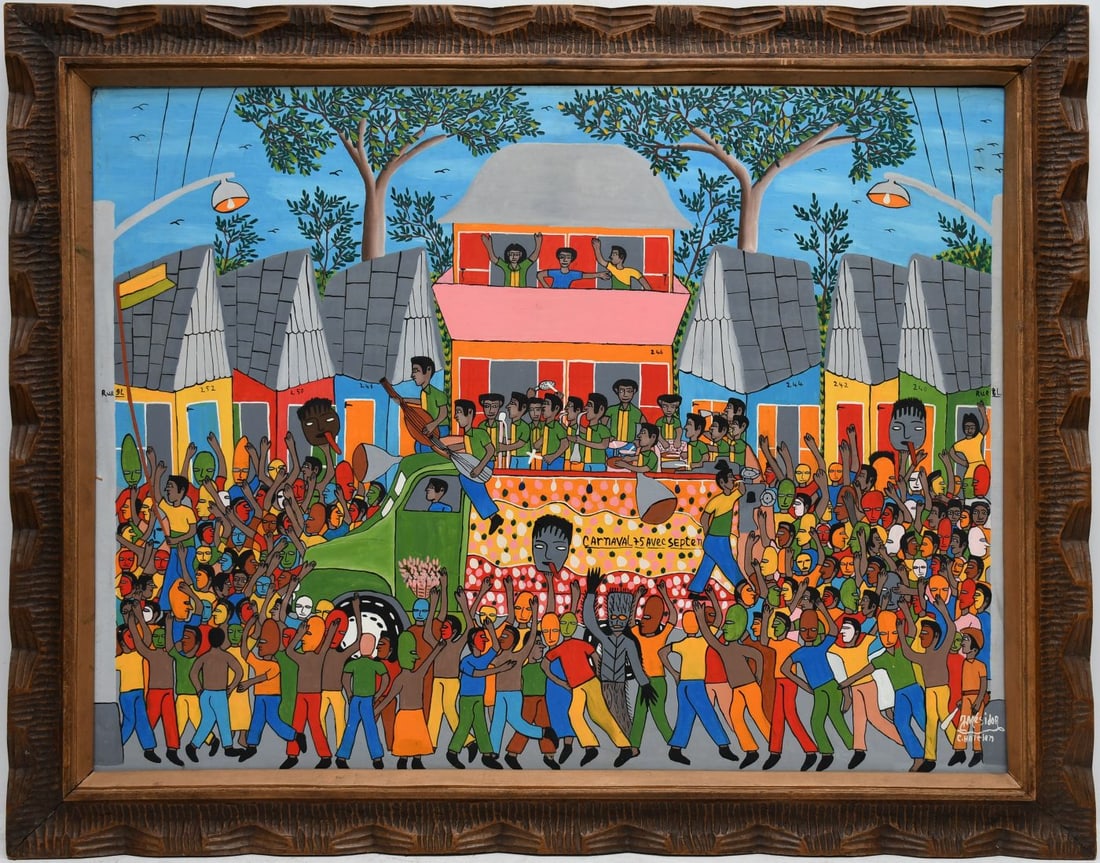 20th Century Haitian Carnival Scene, Oil on Masonite by J Mesidor. 24 x 32 inches, overall frame (1 of 7)