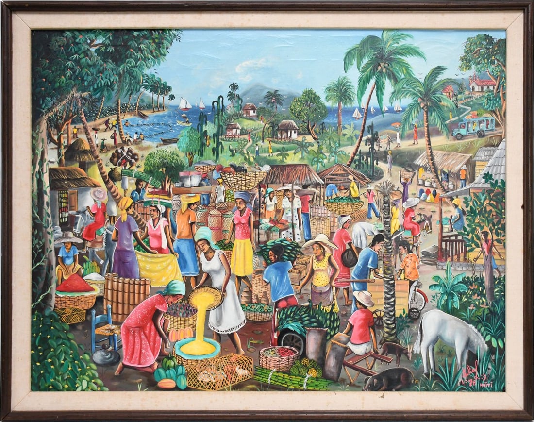 Vintage Haitian oil on canvas Painting, Landscape of bustling market scene and daily life, signed: Vintage Haitian oil on canvas Painting, Landscape of bustling market scene and daily life, signed illegibly lower right & dated '78. overall frame size 33 x 43 1/2 inches.