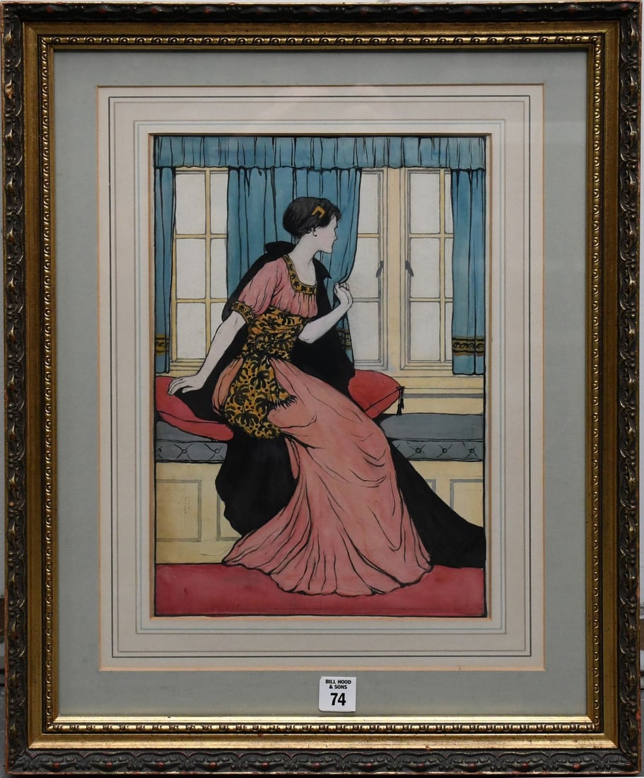 Dorothy Fitchew (Brit., 1910-1922) FANTASY, Watercolor Painting of lady seated on window bench in: Dorothy Fitchew (Brit., 1910-1922) FANTASY, Watercolor Painting of lady seated on window bench in long dress. signed and inscribed on reverse -Section I no.2 14 1/2 x 9-3/4 inches overall frame size 2