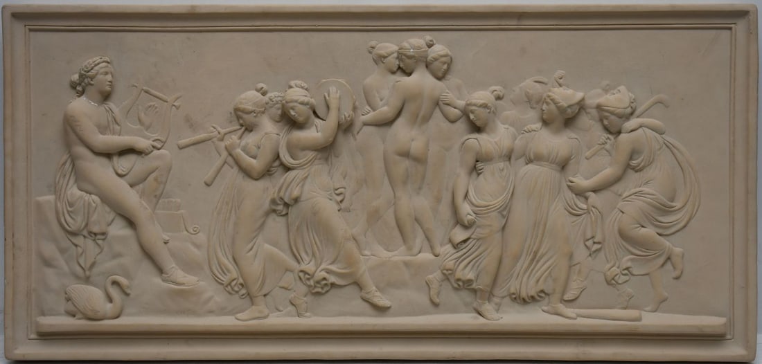 After Bertel Thorvaldsen 1768-1844, Bisque Relief Plaque, 14 1/2 x 31 inches. stamped on reverse: After Bertel Thorvaldsen 1768-1844, Bisque Relief Plaque, 14 1/2 x 31 inches. stamped on reverse