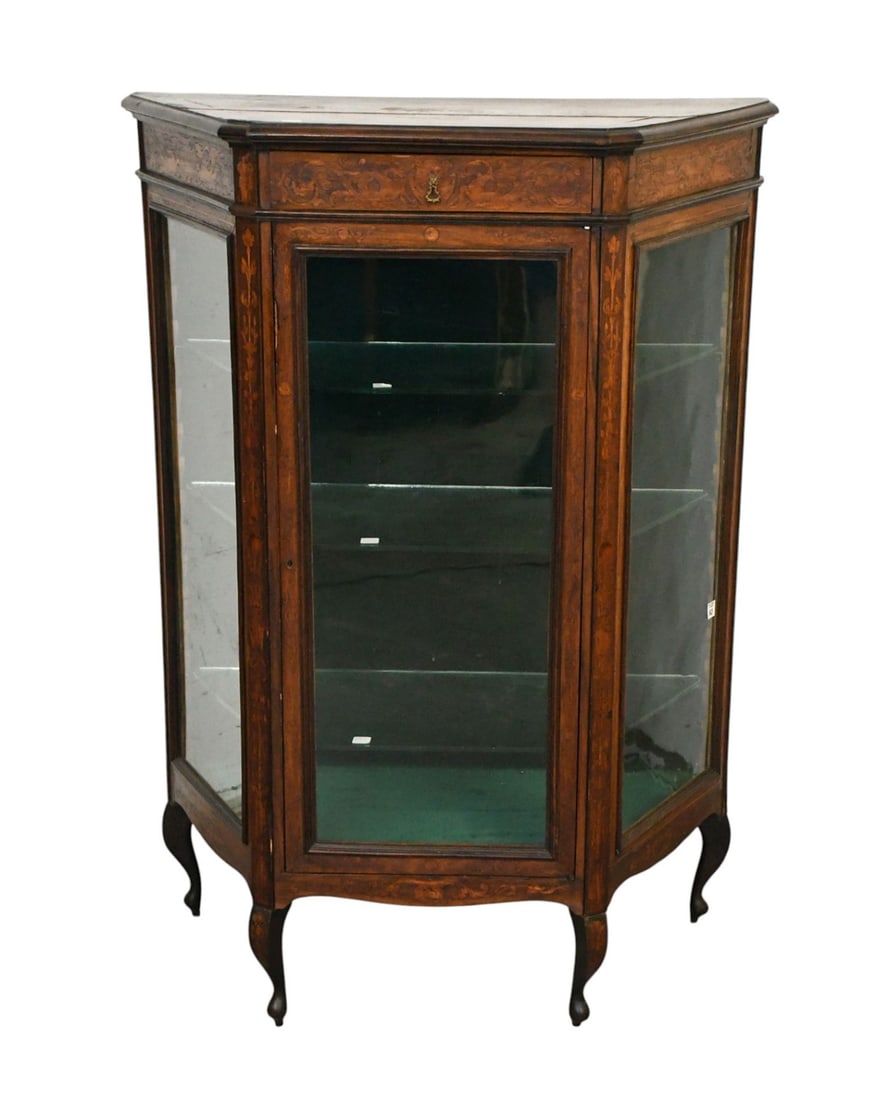 1900's Vitrine With nice Marqetry, Center Glass Door & Glass Sidelights with 3 Shelf Interior, 53"h: 1900's Vitrine With nice Marqetry, Center Glass Door & Glass Sidelights with 3 Shelf Interior, 53"h x 34 1/2"w x 18"d (needs some restoring)***If this item is not picked up by the Friday following the