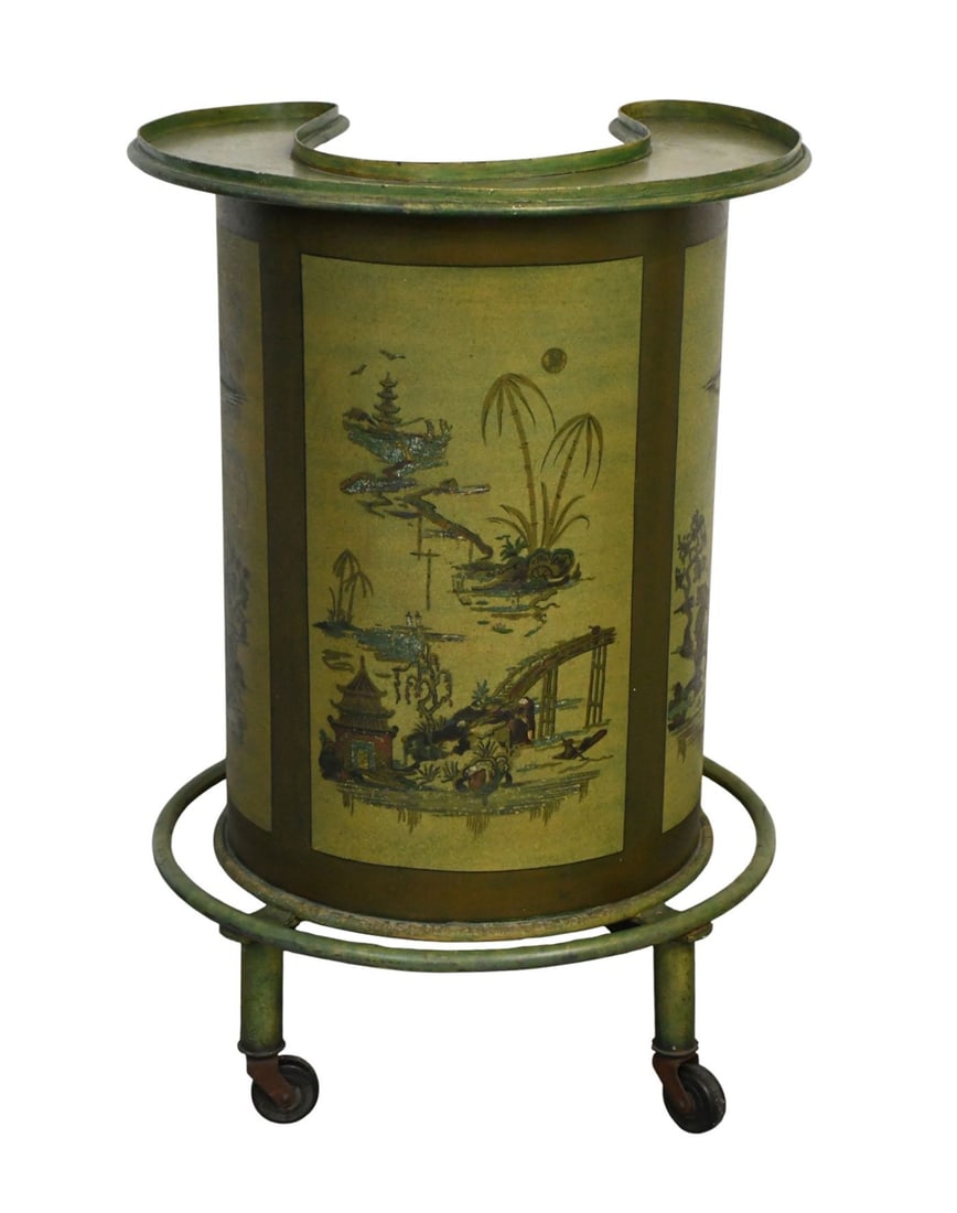 Green Tole Rolling Bar Cart with Chinoiserie Motif, 35"h x 23"dia (1 of 6)