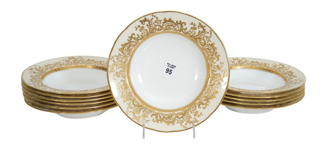 12 Minton Tiffany & Co. NY Soup Bowls, Raised Gilt Scroll & Floral Design on Border, 9 1/4"dia (1 of 5)