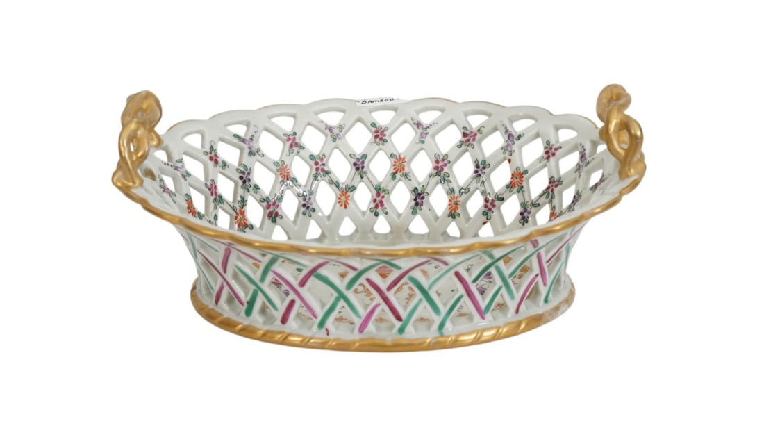 Antique Samson Armorial Chestnut Basket (4"h x 9 1/2"w): Antique Samson Armorial Chestnut Basket (4"h x 9 1/2"w)
