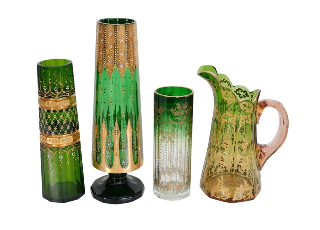4 Pcs. Antique Moser, Green with Gold Accents, Rubina Verde Pitcher & Vases (Tallest 10 1/2"h): 4 Pcs. Antique Moser, Green with Gold Accents, Rubina Verde Pitcher & Vases (Tallest 10 1/2"h)
