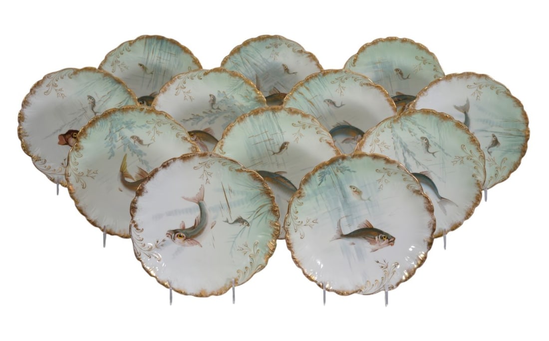 12 Antique Assorted Fish Plates with Gilded Rims, Limoges France Sold For Bailey, Banks & Biddle (1 of 9)
