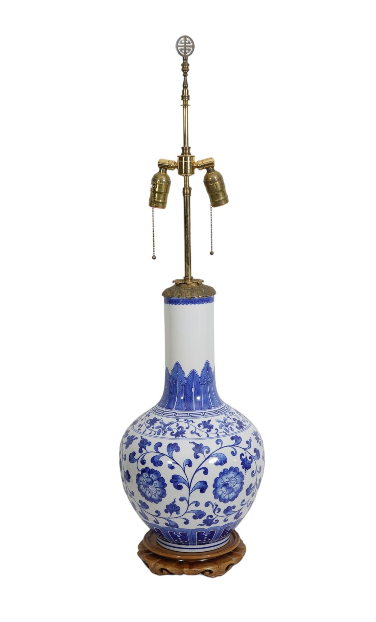 Blue & White Chinese Lamp, Blue Tobacco Leaf & Peonies on White Ground, 35"h (1 of 9)