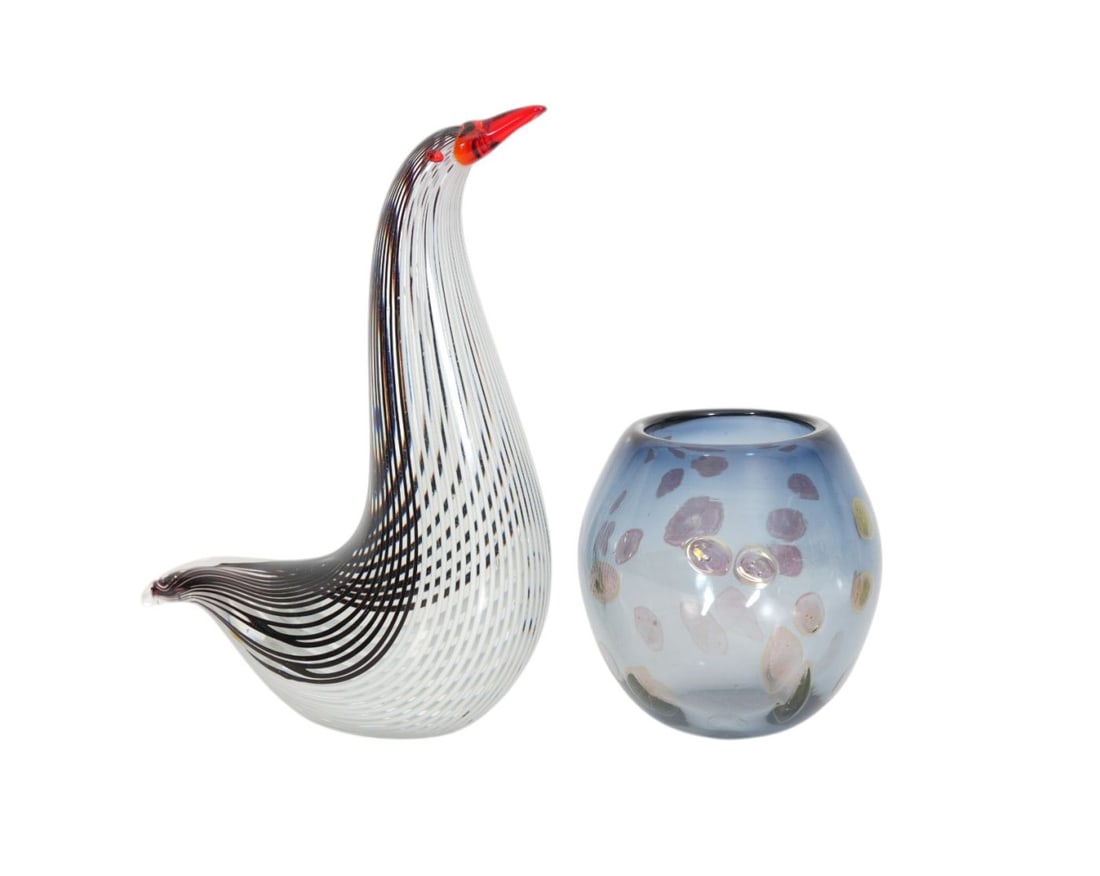 2 Pcs. Art Glass, One Bird with Black Threading, Red Beak, Unsigned AND One Rose Bowl with Gold (1 of 5)