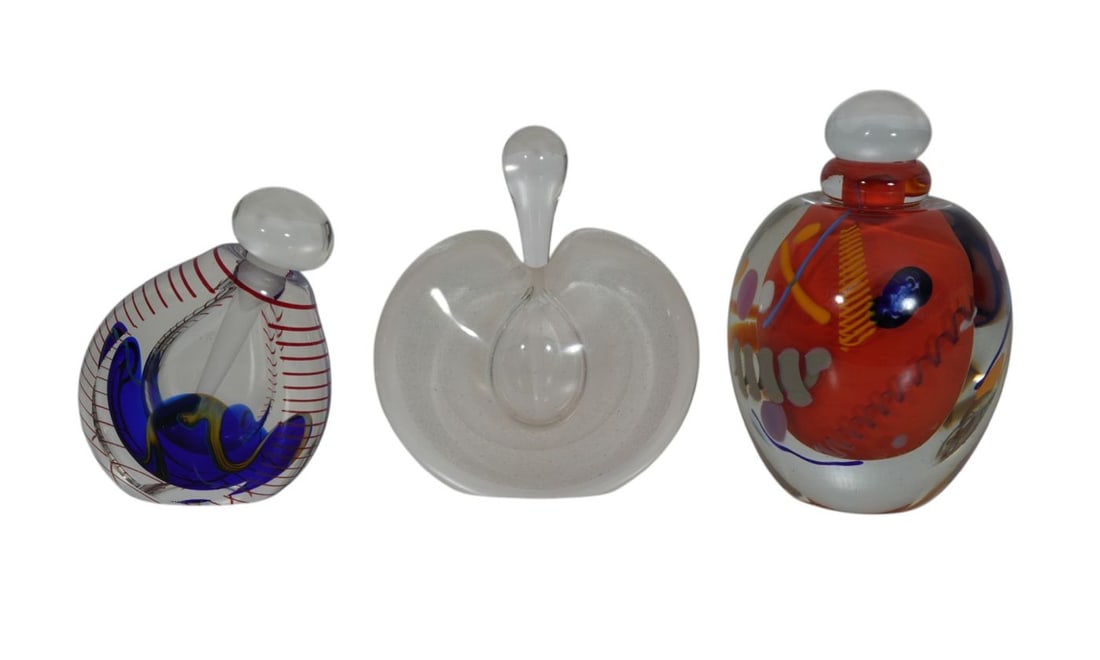 3 Paperweight Scent Bottles, One Orange Interior, 1984 Possibly Clark Signature (5"h x 3 1/2"w), (1 of 7)