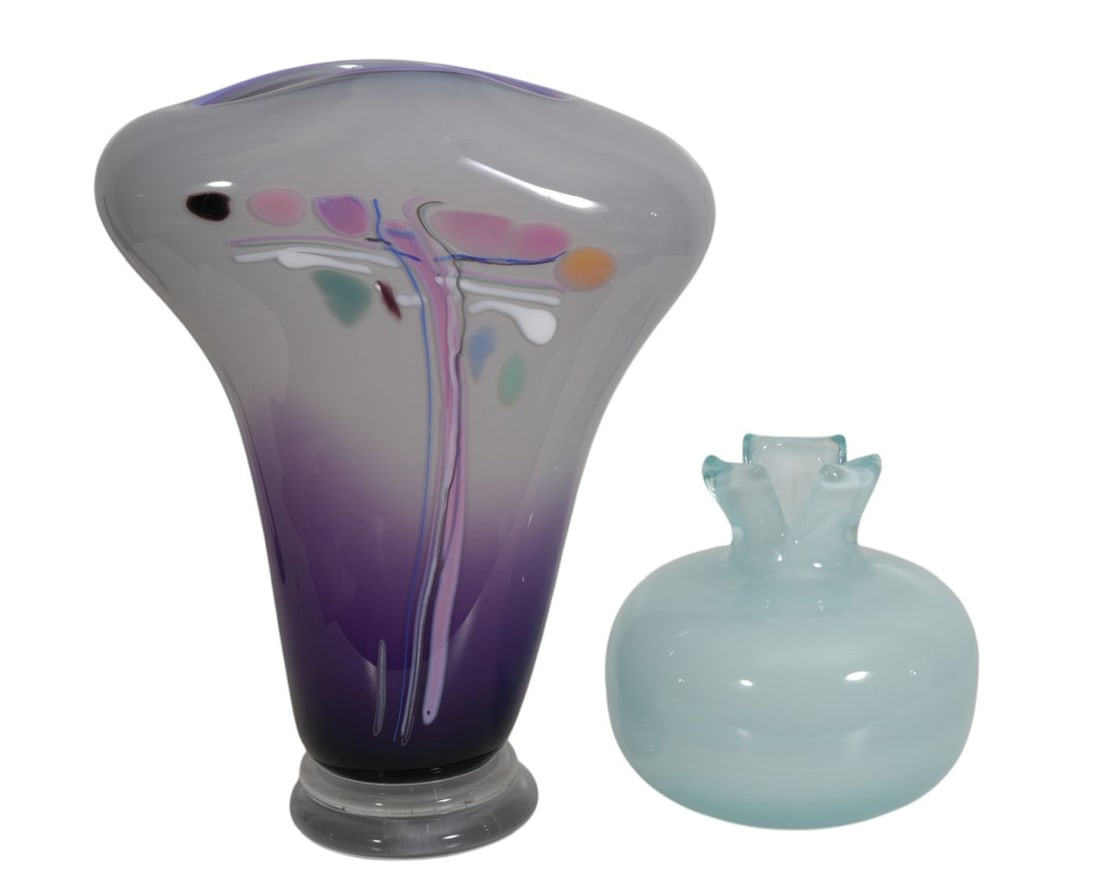 2 Pcs. Art Glass Sculptures, Aqua Color Czech With Vintage Label And Sculpture Purple Shading to (1 of 10)