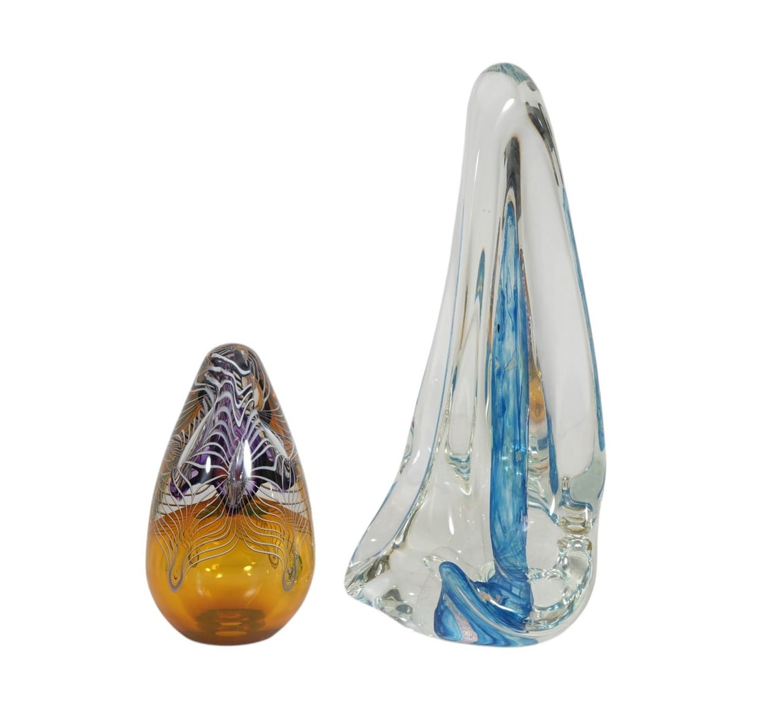2 Art Glass Sculptures, Blue Tear Drop Shape with Blue Swirl Interior, Karg Signature (13"h x 7"w) (1 of 11)