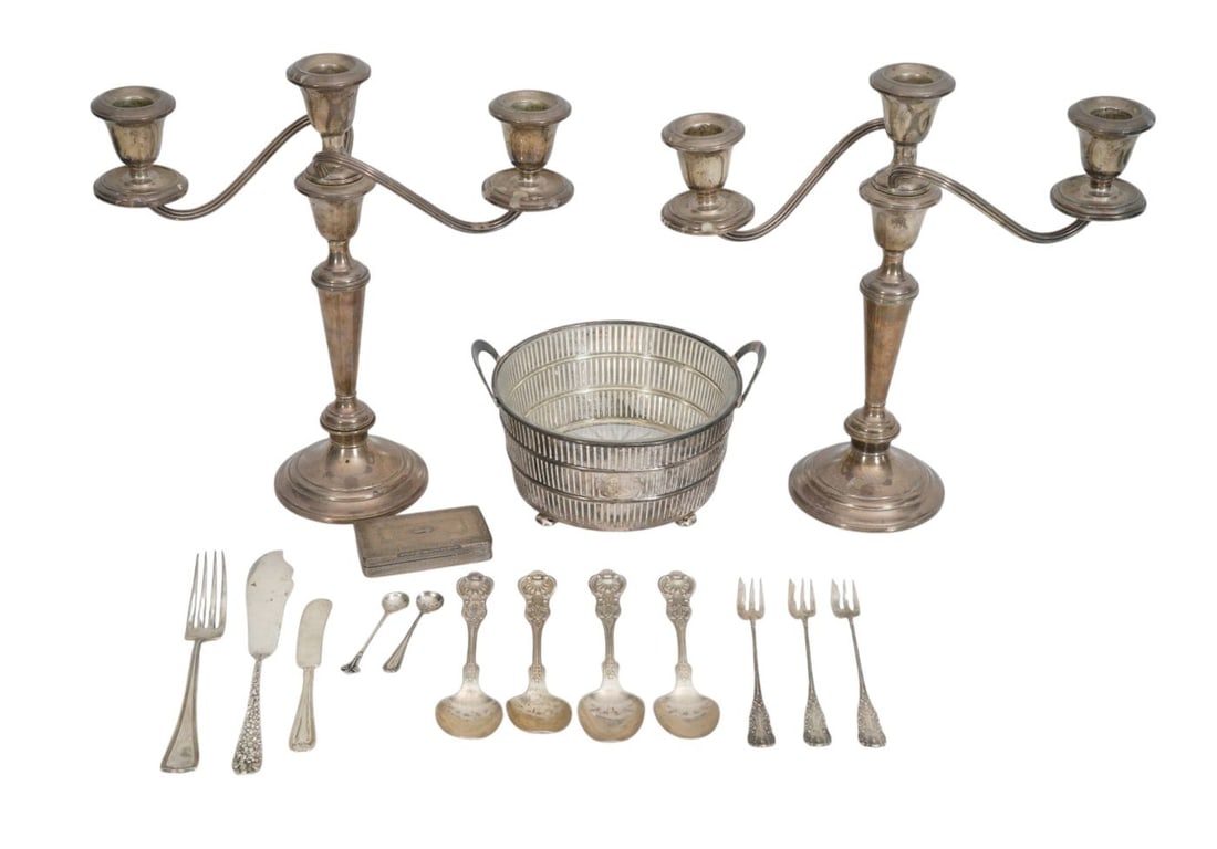 Lot of Sterling Tablewares, Pair Weighted Candelabra (11 1/2"h x 10"w ), Sterling & Crystal Bowl: Lot of Sterling Tablewares, Pair Weighted Candelabra (11 1/2"h x 10"w ), Sterling & Crystal Bowl with Bun Feet, 12 Pcs. Flatware (4 Rand & Crane Makers) and Victorian Compact