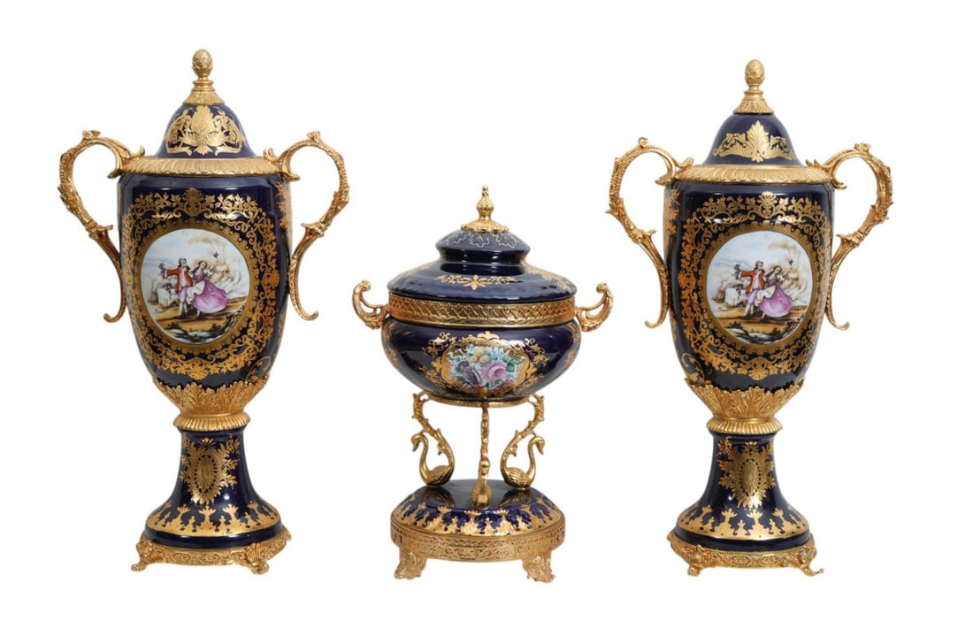 3 Pc. 20th Century Cobalt & Gilt Garniture Set. 2 Covered Urns in French Manor, Romantic Couples (1 of 18)