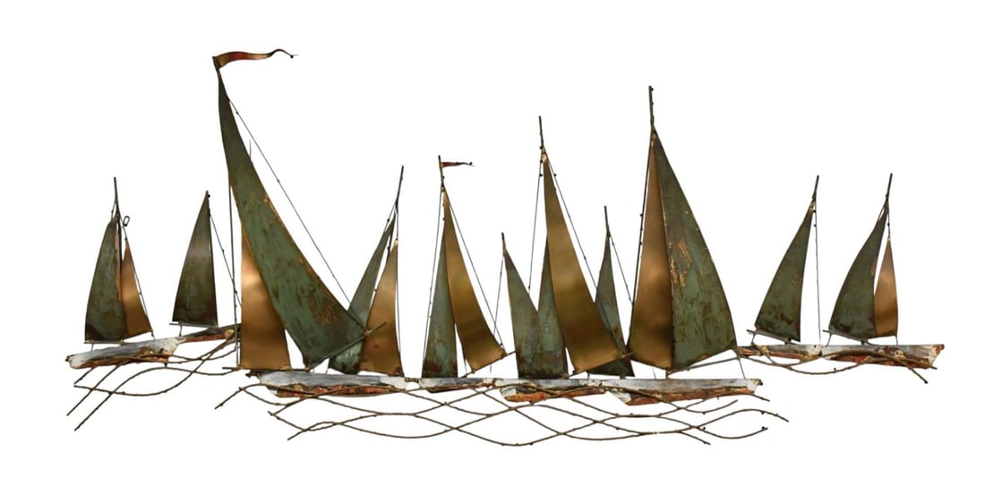 Curtis Jere Mixed Metal Sailboat Regatta Wall Sculpture, Finished in a Textured Verdigris and Brass: Curtis Jere Mixed Metal Sailboat Regatta Wall Sculpture, Finished in a Textured Verdigris and Brass Patina, Signed and Dated 1969, 27"h x 60"w x 6.5"d