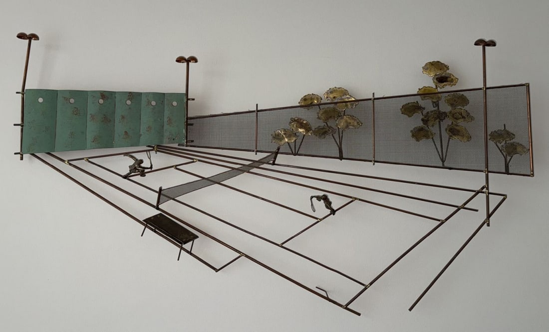 Curtis Jere Mixed Metal Tennis Wall Sculpture, Finished in a Textured Verdigris and Brass Patina, (1 of 5)