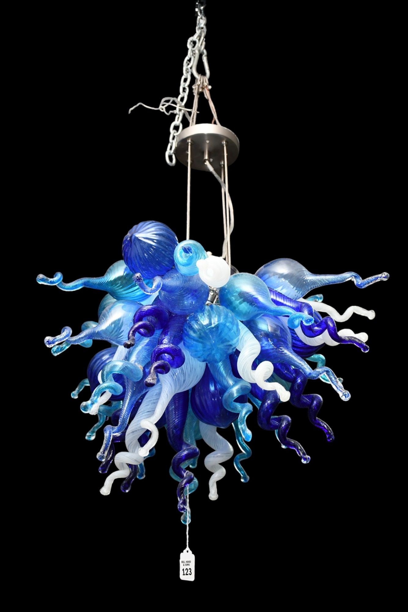 Chihuly Style Art Glass Hanging Pendant Light Fixture, Shades of Blue, 30"h x 27"w (1 of 5)