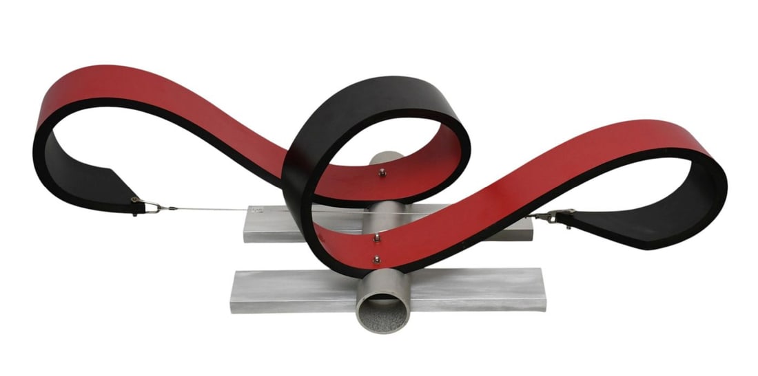 Norman Ridenour Modern "Ribbon" Sculpture, Black & Red Plywood On Steel Platform, Signed, Dated 7/83: Norman Ridenour Modern "Ribbon" Sculpture, Black & Red Plywood On Steel Platform, Signed, Dated 7/83 numbered 2/10 Size 16"H x 50"w x 14"d