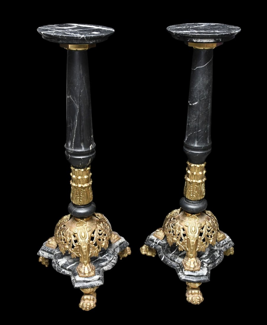 Pair Marble & Bronze Ornate Pedestals in A Classical Motif, Dore' Bronze Mounts, 48"h x 15 1/2"w at (1 of 9)