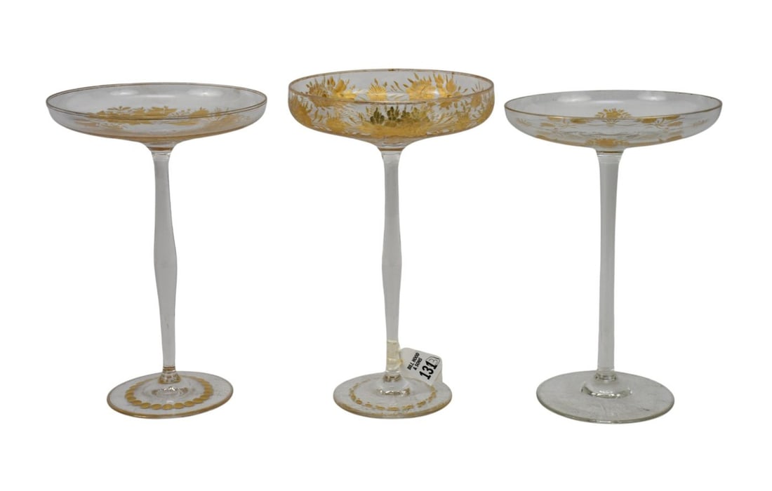 3 Antique Moser Stemmed Compotes with Gilded Floral Accents, Tallest 10"h x 6"dia (1 of 3)