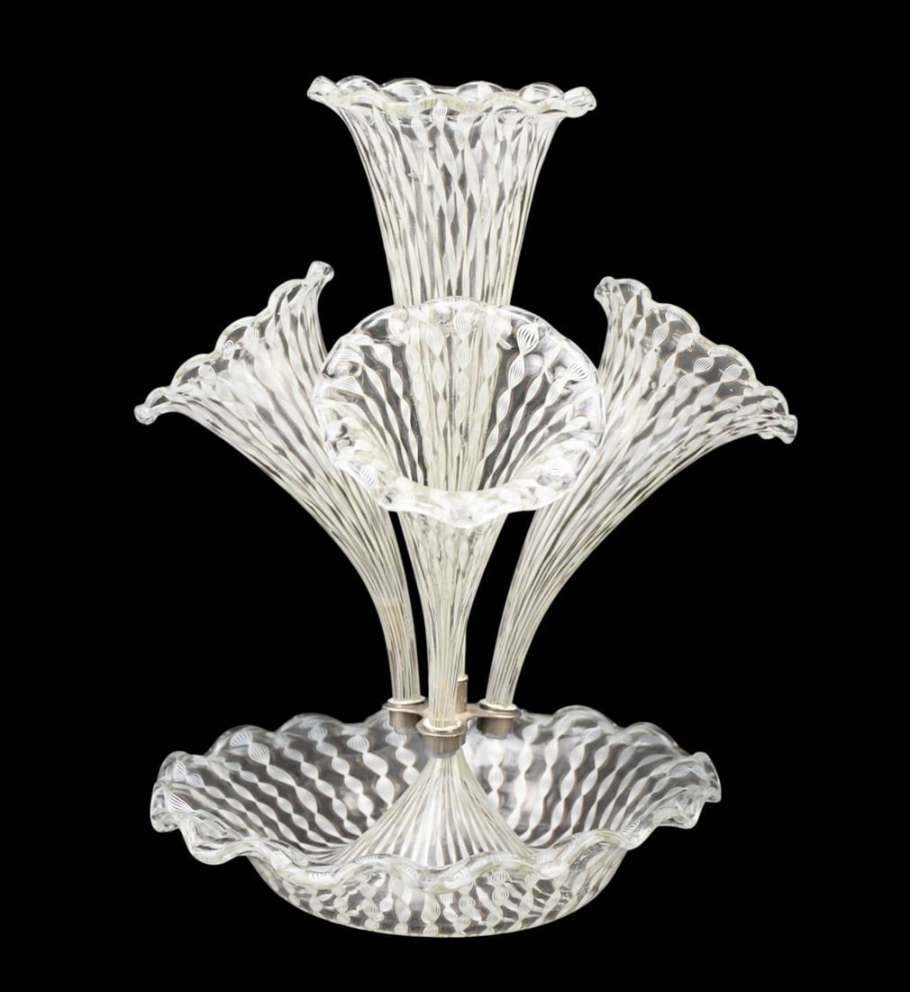 Antique Italian Venetian Glass Epergne with White Caning Designs, 15"h x 12"w (1 of 6)