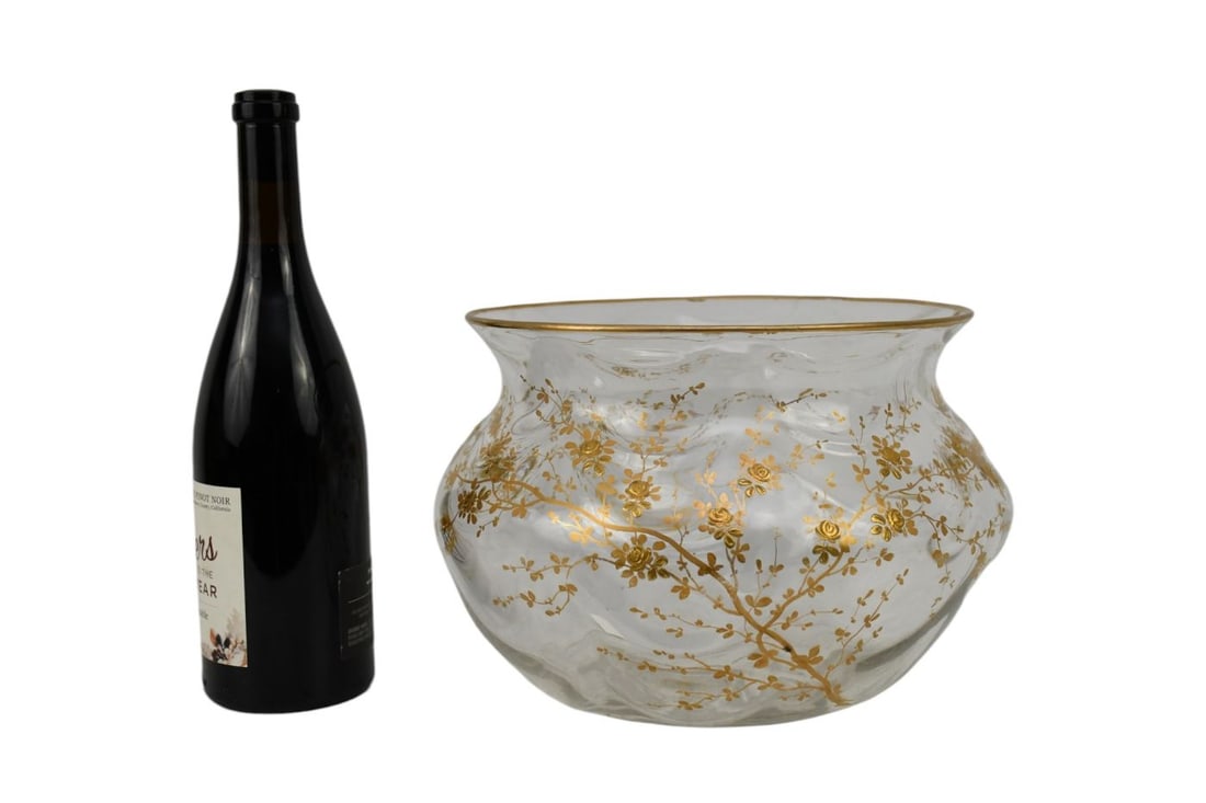 Antique Large Moser Bowl, Slightly Folded Rim with Gilded Vine & Floral Accents & Large Polished: Antique Large Moser Bowl, Slightly Folded Rim with Gilded Vine & Floral Accents & Large Polished Pontil, 8"h x 11"w