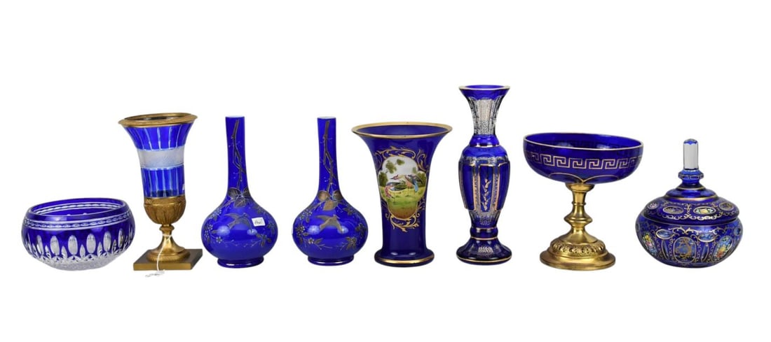 8 Pcs. Antique Cobalt Glass Tablewares with Gilt Accents, Pair Bottleneck Vases, Compote on Gilt (1 of 7)