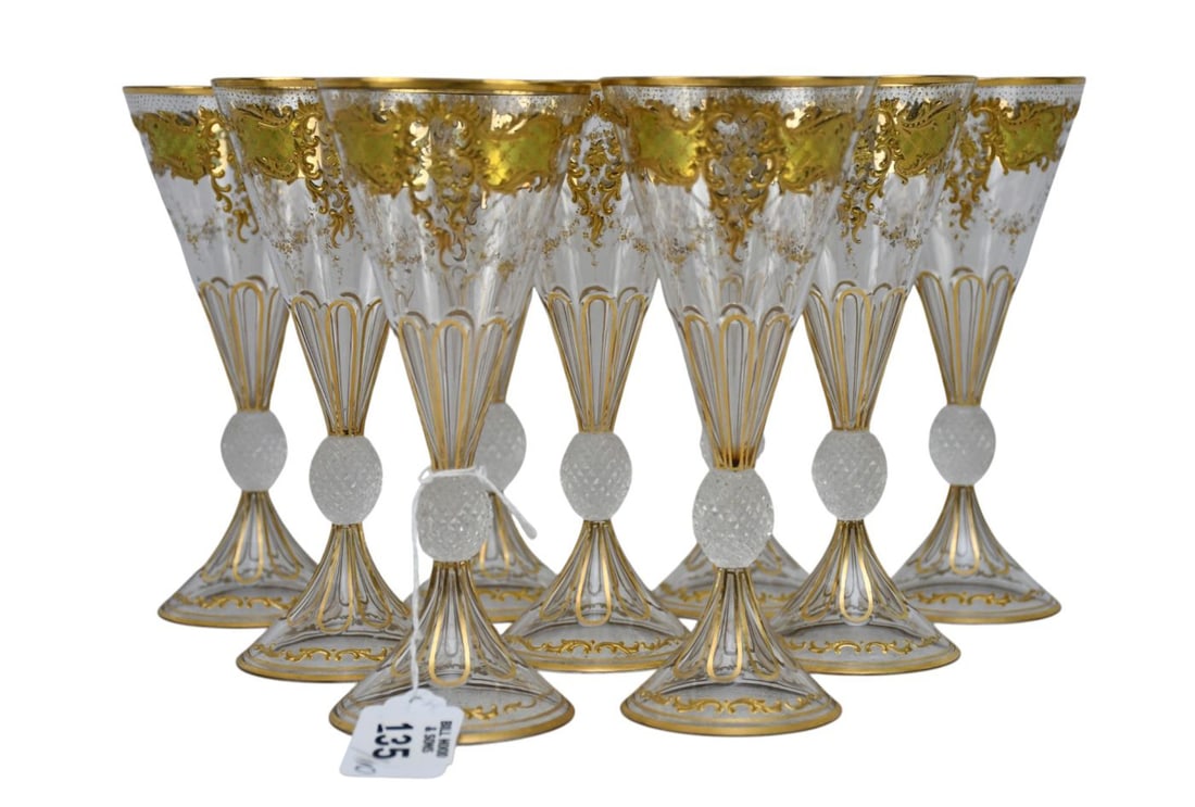 9 Antique Moser Stemmed Wine Glasses with Gilded Accents, Cut & Polished Design, 7"h x 3"dia: 9 Antique Moser Stemmed Wine Glasses with Gilded Accents, Cut & Polished Design, 7"h x 3"dia