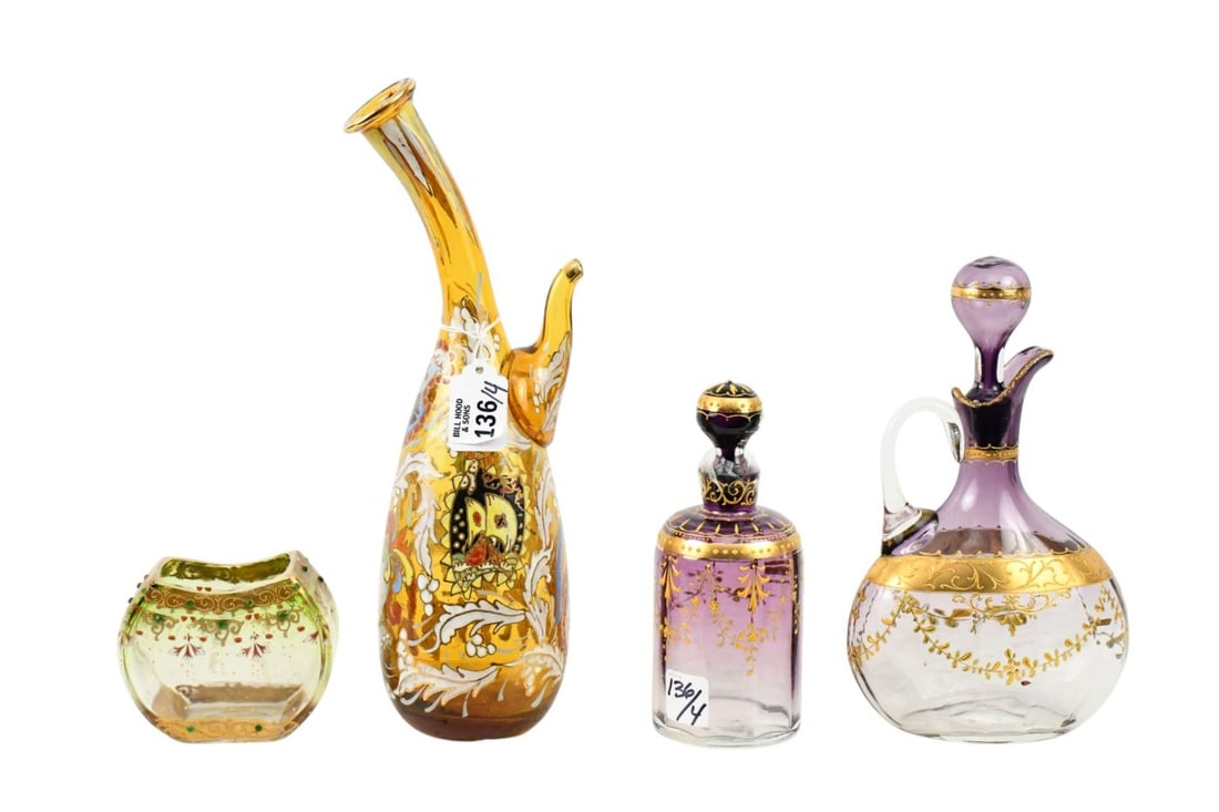4 Pcs. Antique Glassware, 2 Amethyst Moser Bottles with Gilt Accents, Amber Vessel Bohemian Glass: 4 Pcs. Antique Glassware, 2 Amethyst Moser Bottles with Gilt Accents, Amber Vessel Bohemian Glass With Enameling AND Vase with Beading, Enameling & Gilt Accents, Tallest 12"h x 4"w