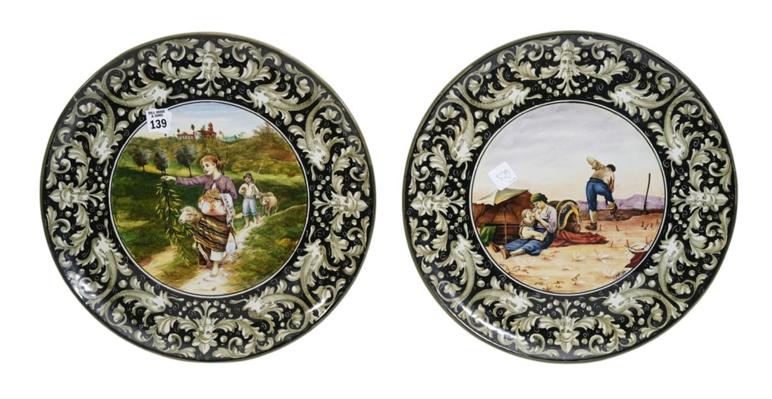 2 Italian Earthenware Chargers, Classical Borders with Peasant Scenes, 15"dia (1 of 10)