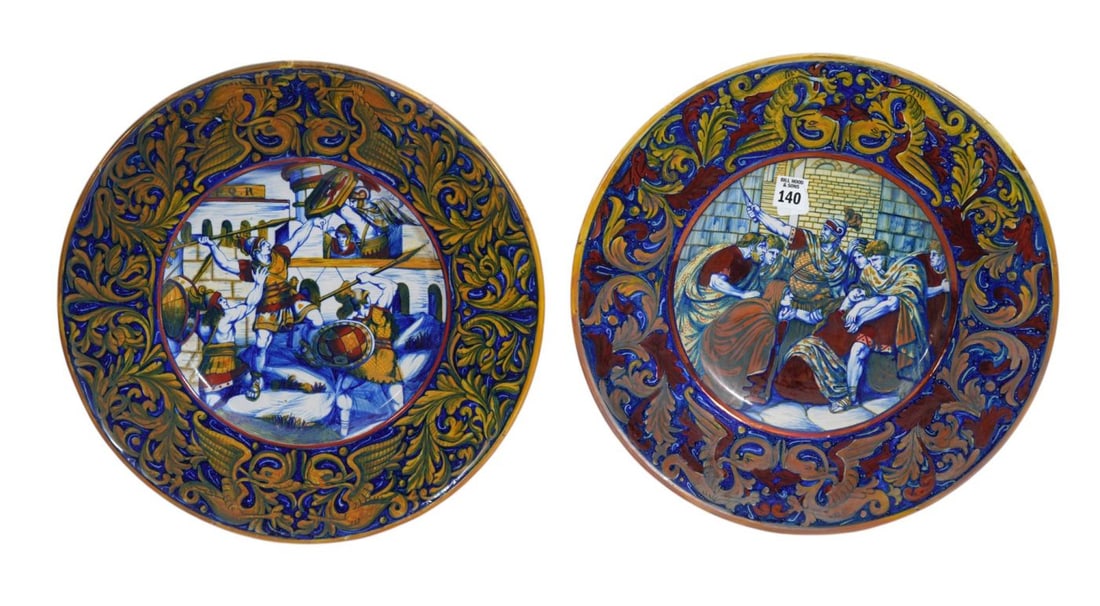 2 Italian Earthenware Chargers, Classical Leaf & Scroll Border Surrounding Gladiator Scenes, Copper (1 of 7)