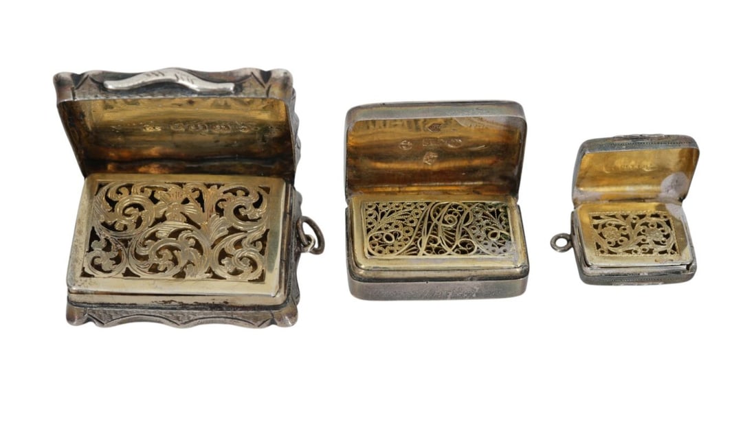 3 English 19th c. Sterling Vinaigrette Boxes (Smelling Salts), Each Box With Hinged Pierced Grill (1 of 8)