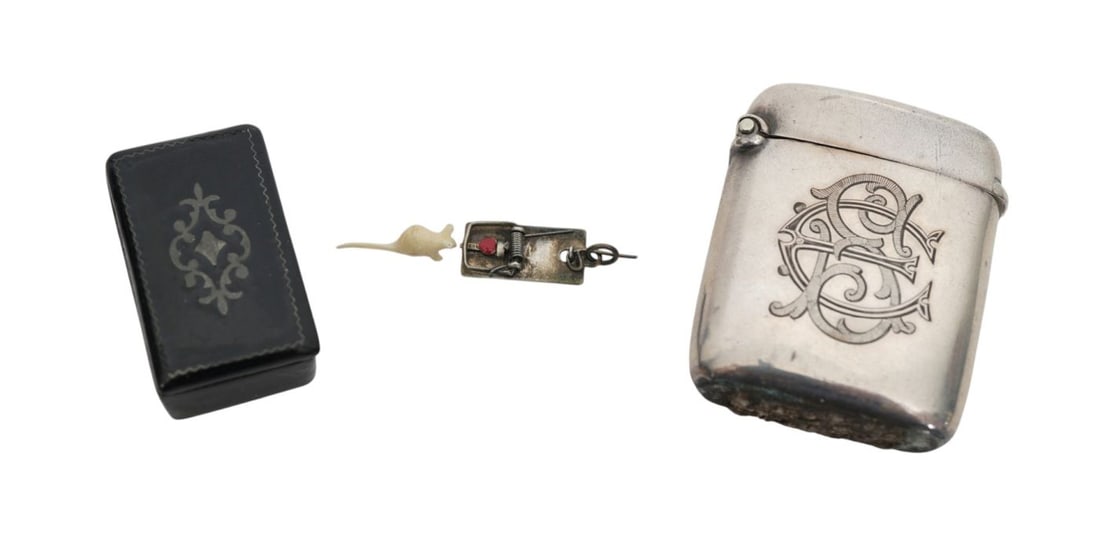 2 Novelty Pieces, 19th c, One Silver Match Case with Monogram & Rare Miniature Lacquer Box with (1 of 9)