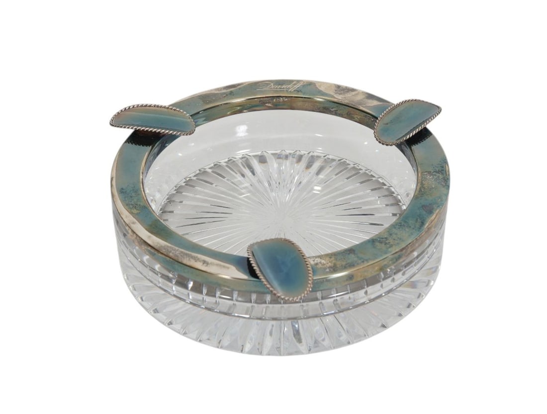 Daum Crystal France Davidoff Cigar Ashtray with Sterling Rim, 2 1/2"h x 7 1/4"dia (1 of 6)