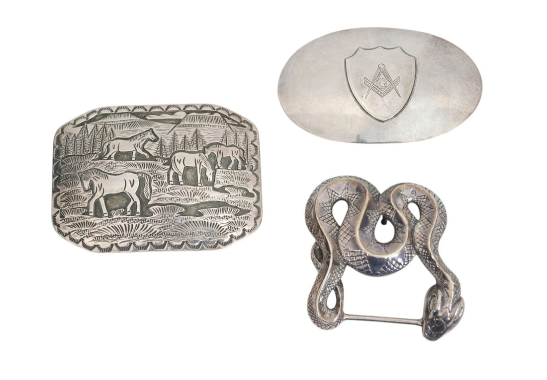 3 Sterling Silver Belt Buckles, J. Dugan Design 1980's Coiled Snake, Horse Design Marked ddb (4" x (1 of 8)