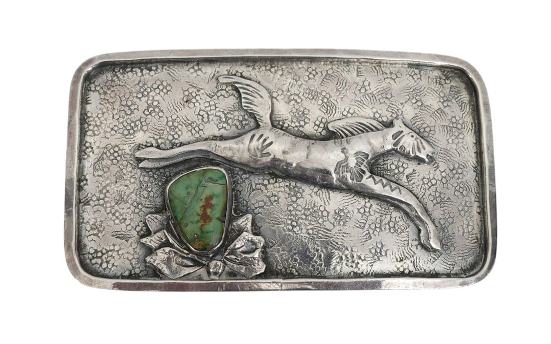 Chief Shatka Bear-Step Sterling Silver Belt Buckle (1898-1980) Flying Horse with Turquoise Stone,: Chief Shatka Bear-Step Sterling Silver Belt Buckle (1898-1980) Flying Horse with Turquoise Stone, Marked Bear-Step, 4" x 2 1/4"