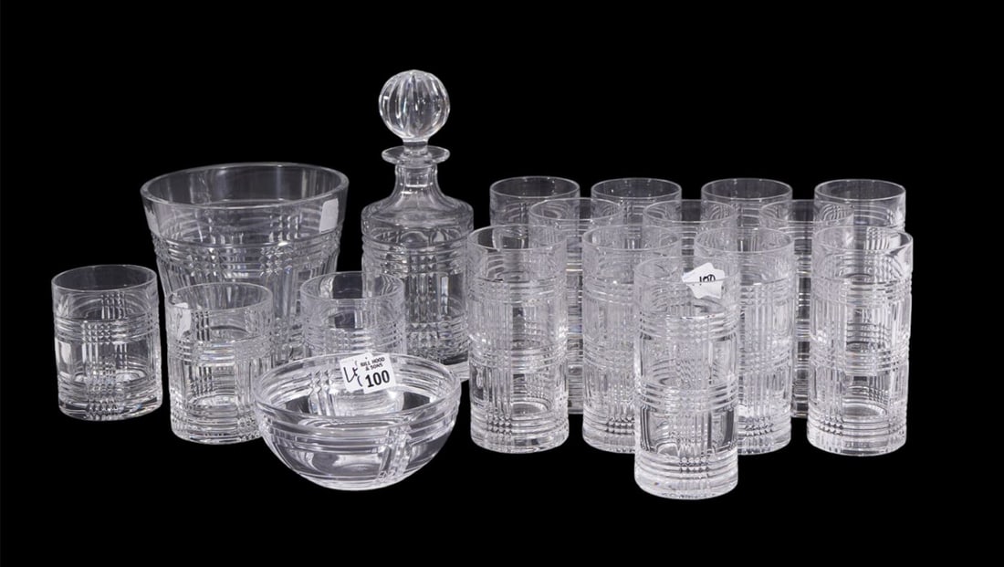 18 Ralph Lauren Crystal Glasses & Tablewares, Glen Plaid Pattern, 12 Highballs (6 1/3"h) & 3 Old (1 of 10)