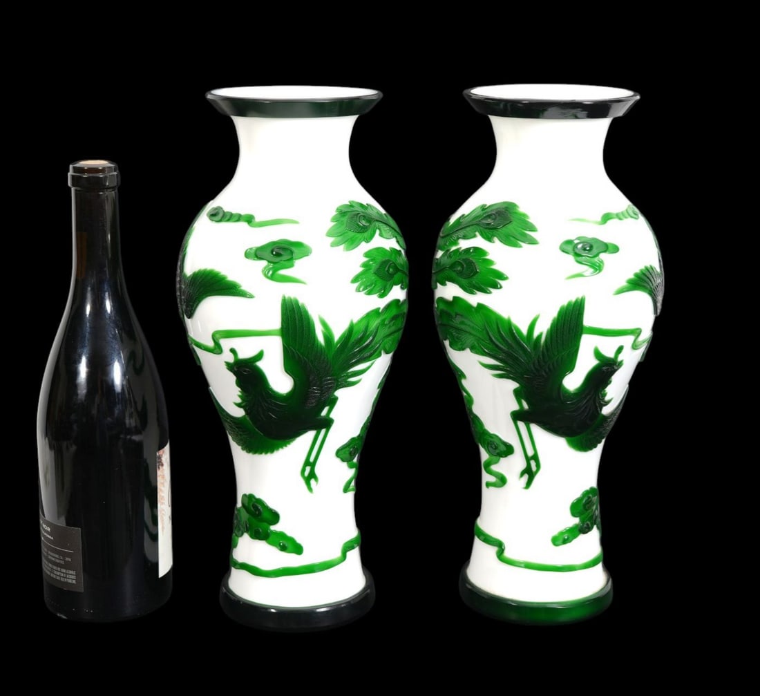 Pr. Of Chinese Peking Glass Vases, Phoenix and Bird Carved in Green Leaf, 14"h x 6"w: Pr. Of Chinese Peking Glass Vases, Phoenix and Bird Carved in Green Leaf, 14"h x 6"w