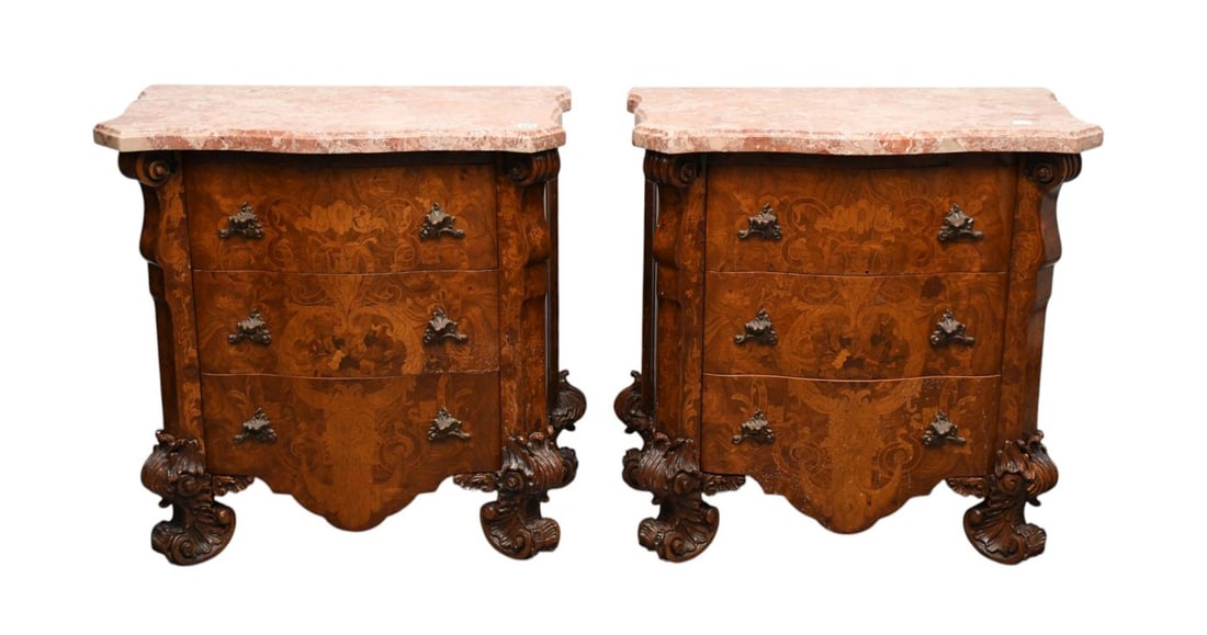 Pair French Bombay Style 3 Drawer Chests With Inlay, Gilt Metal Hardware & Carved Feet, Conforming: Pair French Bombay Style 3 Drawer Chests With Inlay, Gilt Metal Hardware & Carved Feet, Conforming Rouge Marble Tops, 26"h x 25"w x 14"d***If this item is not picked up by the Friday following the auc