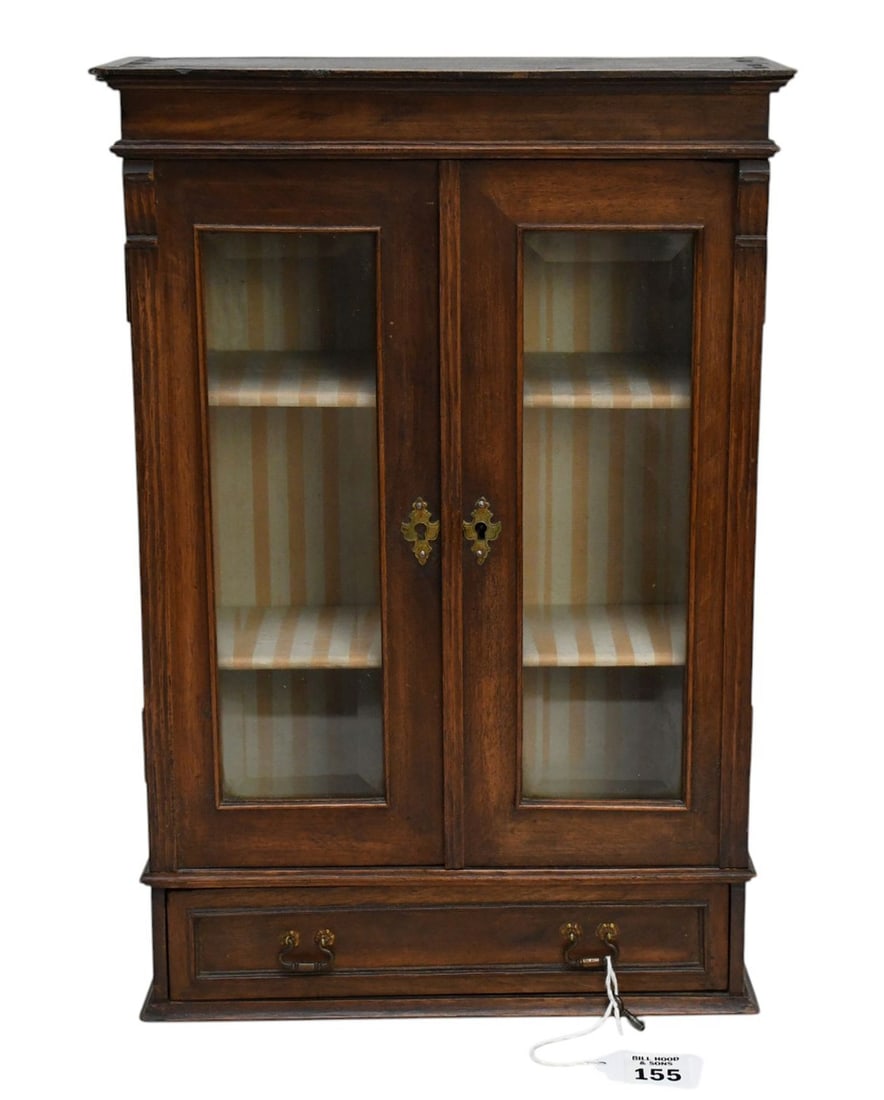 Miniature Walnut Cabinet, 19th c. Salesman Sample/Display, Double Beveled Glass Doors Over Single (1 of 7)