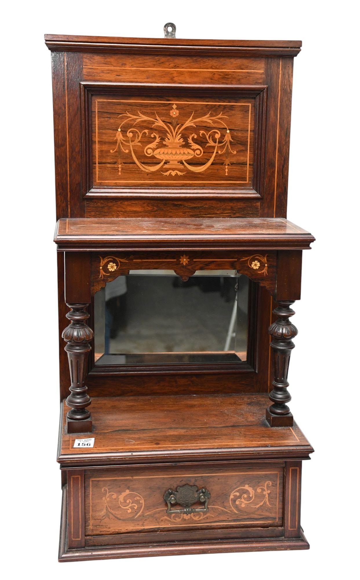 Antique Hanging Shaving Stand, Marquetry Panel at Top & Beveled Mirror Above Shelf with Single (1 of 6)