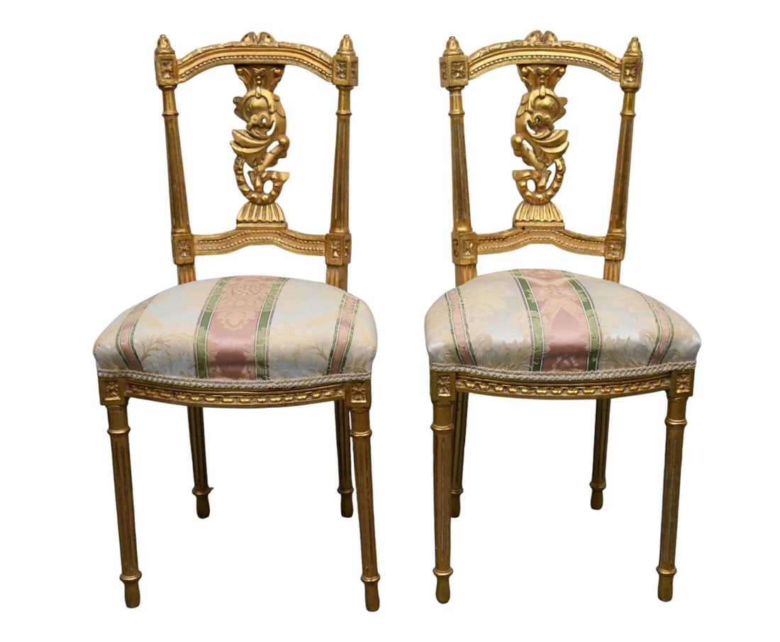 Pair French Louis XVI Style Gilded Accent Chairs with Silk Striped Upholstered Seats, 34 1/2"h x (1 of 4)
