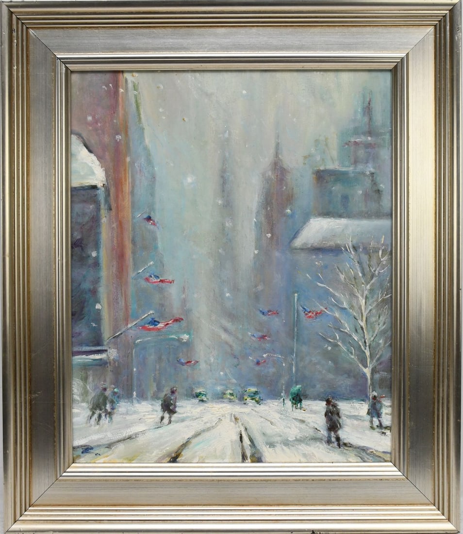 Philip Corley (Irish, b. 1944) oil on Masonite, New York City Winter Snow Scene 5th Ave. signed (1 of 7)