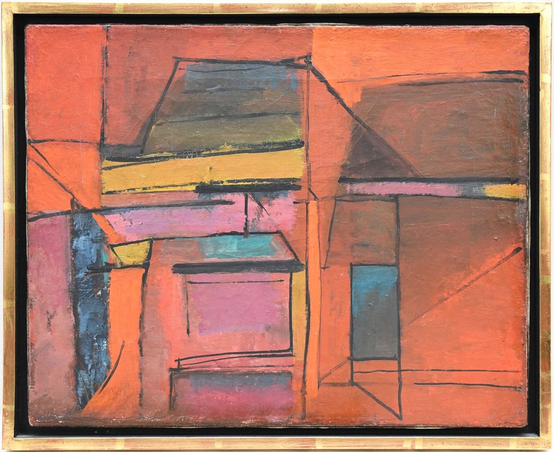 Oil on canvas abstract no visible signature, Red, yellow, blue. 12 x 15 inches. in a gold leaf: Oil on canvas abstract no visible signature, Red, yellow, blue. 12 x 15 inches. in a gold leaf frame overall 13 1/2 x 16 1/2 inches.