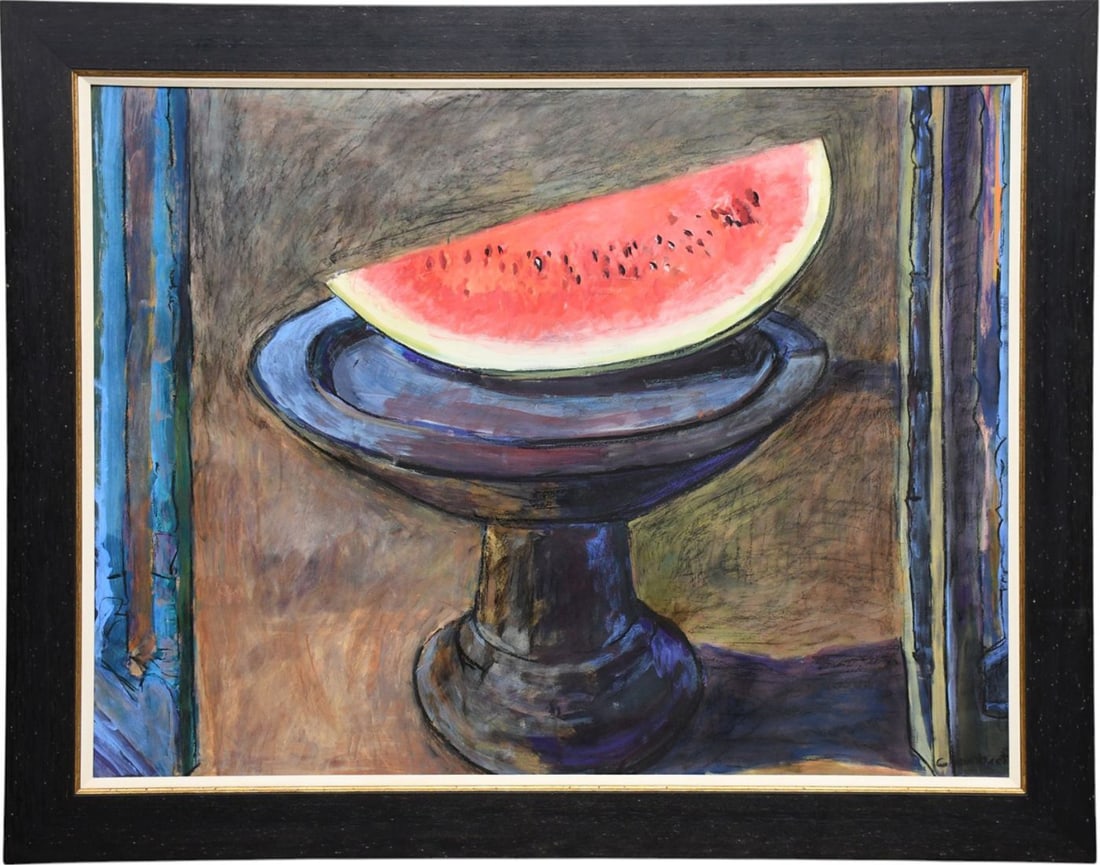 G Lambert Mixed Media painting of watermelon on a pedestal, painting 38 x 50 inches. overall frame: G Lambert Mixed Media painting of watermelon on a pedestal, painting 38 x 50 inches. overall frame size 46 x 58 inches.